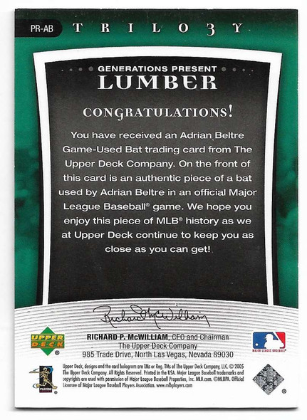 Adrian Beltre  2005 Upper Deck Trilogy Generations Plus Gold GAME-USED BAT Card PR-AB 68/75