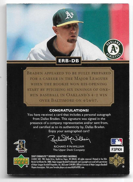 Dallas Braden 2007 Upper Deck Exquisite Collection Rookie Signatures Biography AUTOGRAPHED Card ERB-DB 10/20