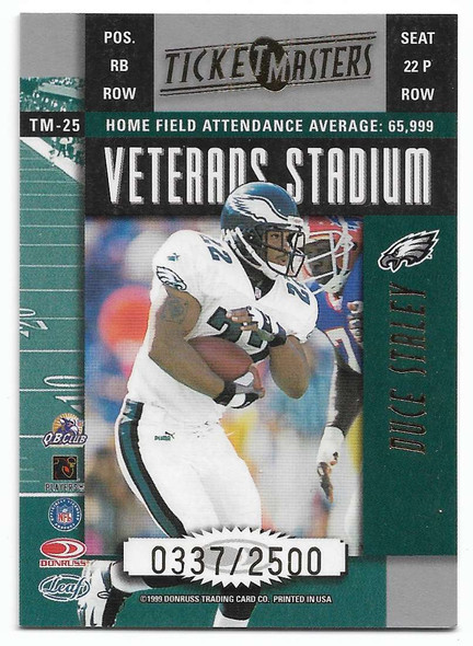 Donovan McNabb Duce Staley 1999 Leaf Rookies and Stars Ticket Masters Card TM-25 0337/2500