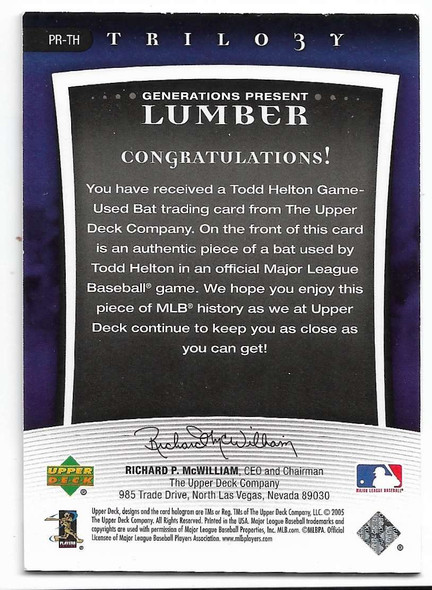 Todd Helton 2005 Upper Deck Trilogy Generations Present Lumber Bat Silver Card PR-TH 026/115