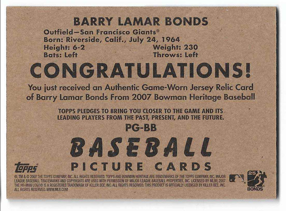 Barry Bonds 2007 Bowman Heritage Pieces of Greatness Card PG-BB