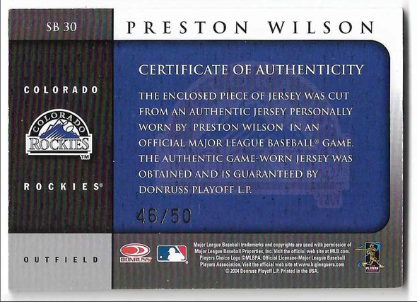Preston Wilson 2005 Leaf Patch Off My Back Multi-Colored Patch Card SB 3-0