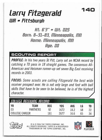 Larry Fitzgerald 1995 Topps Draft Picks & Prospects Rookie Card 140