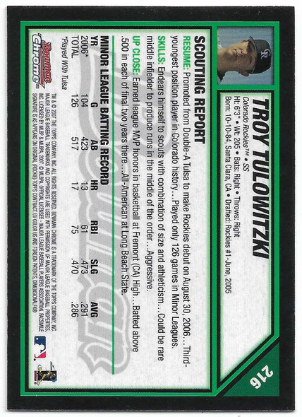 Troy Tulowitzki 2007 Bowman Chrome Rookie Card 216