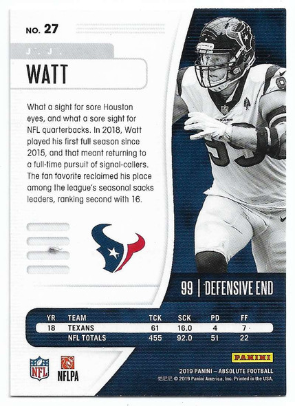 J.J. Watt 2019 Panini Absolute Card 27