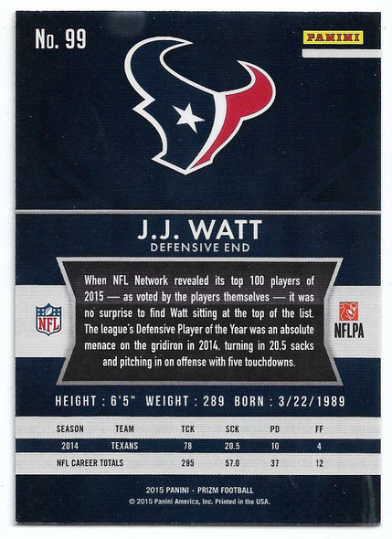 J.J. Watt 2015 Panini Prizm Card 99