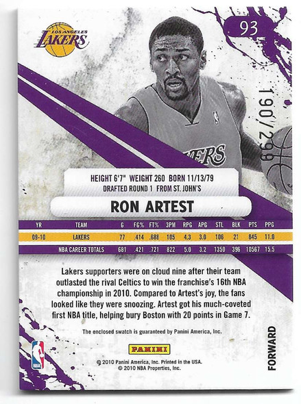 Ron Artest 2010-11 Panini Rookies & Stars Card 93 190/299