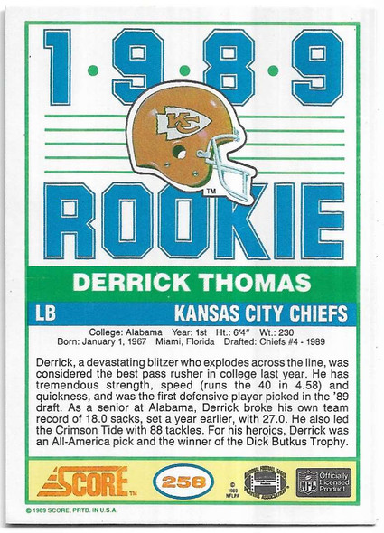 Derrick Thomas 1989 Score Rookie Card 258 (a)