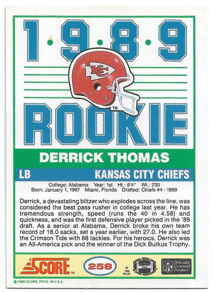 Derrick Thomas 1989 Score Rookie Card 258 (c)