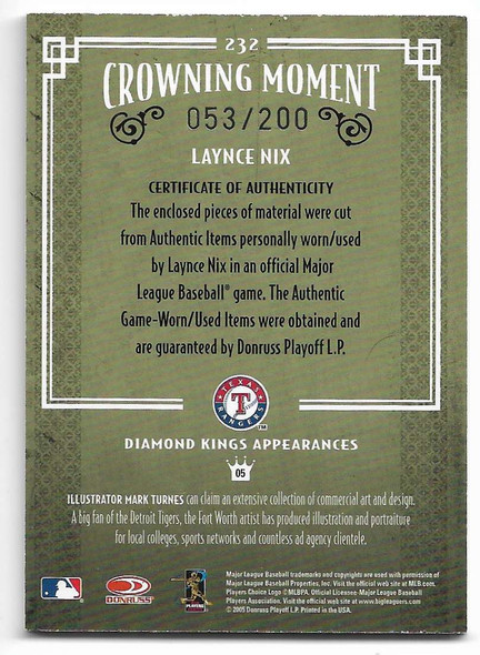 Laynce Nix 2005 Donruss Diamond Kings Autographed and Relics Card 232 053/200