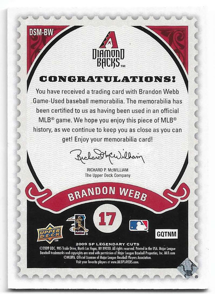 Brandon Webb 2009 SP Legendary Cuts Destination Stardom Memorabilia Card DSM-BW