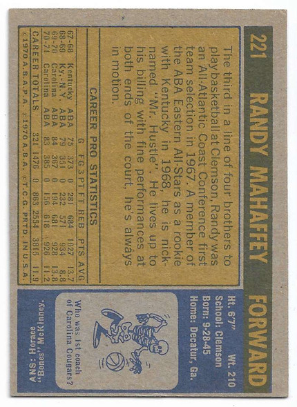 Randy Mahaffey 1971-72 Topps Card 221 (b)