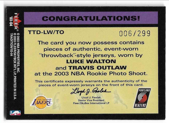Luke Walton, Travis Outlaw 2003-04 Fleer Tradition Throwback Threads Card TTD-LW/TO