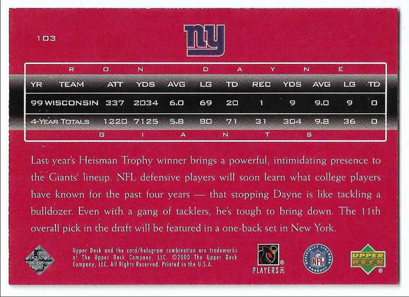 Ron Dayne 2000 Upper Deck NFL Legends Generation Y2K Rookie Card 103 0305/2000