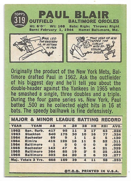 Paul Blair 1967 Topps Card 319