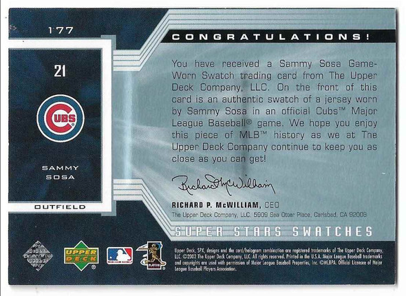 Sammy Sosa 2002 SPx Super Star Swatches Card 177 484/800
