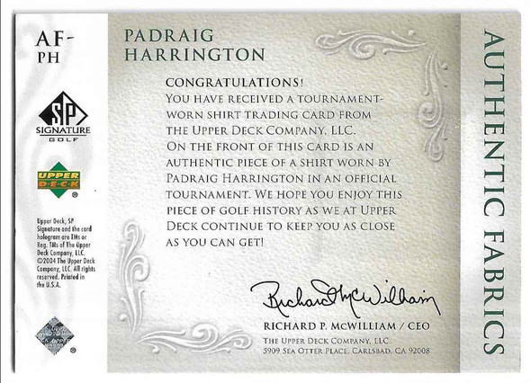 Padraig Harrington 2004 SP Signature Golf Authentic Fabrics Card AF-PH