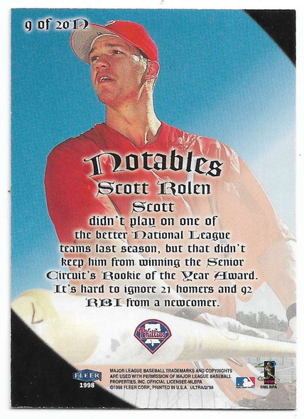 Scott Rolen 1998 Ultra Notables Card 9N
