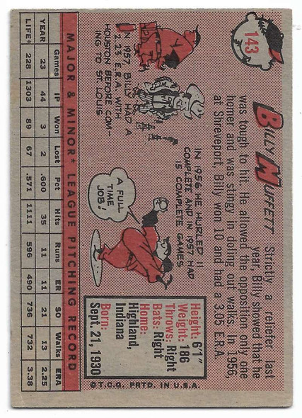 Billy Muffett 1958 Topps Card 143