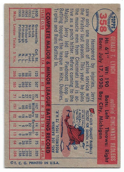 Jerry Lynch 1957 Topps Card 358