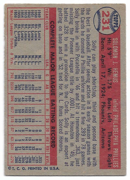 Solly Hemus 1957 Topps Card 231