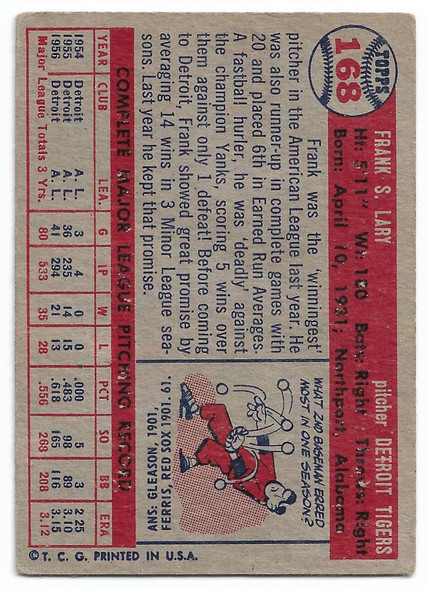 Frank Lary 1957 Topps Card 168