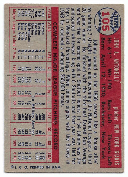 Johnny Antonelli 1957 Topps Card 105