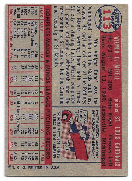 Wilmer Mizell 1957 Topps Card 113