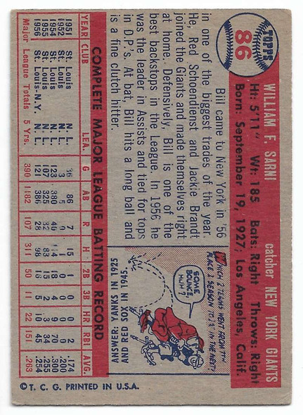 Bill Sarni 1957 Topps Card 86