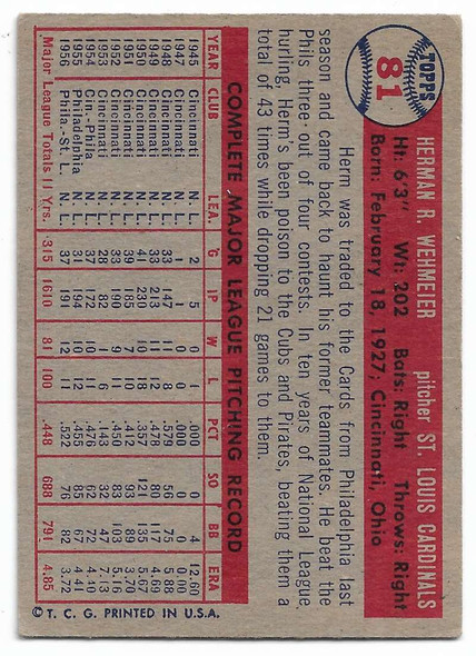 Herm Wehmeier 1957 Topps Card 81