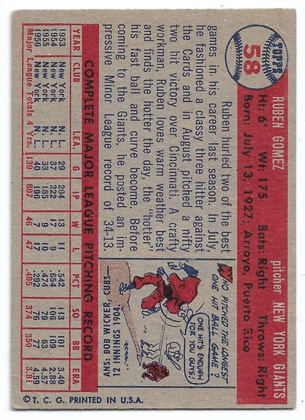 Ruben Gomez 1957 Topps Card 58