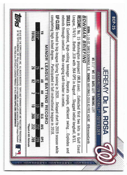 Jeremy De La Rosa 2021 Bowman Chrome Prospects Silver Card BCP-25