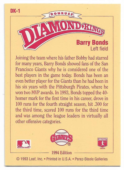 Barry Bonds 1994 Donruss Diamond Kings Card DK-1