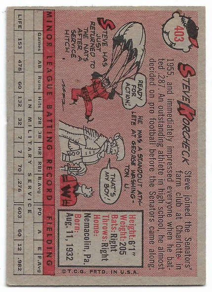 Steve Korcheck 1958 Topps Card 403