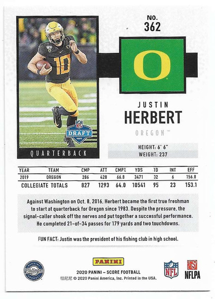 Justin Herbert 2020 Score Rookie Card 362