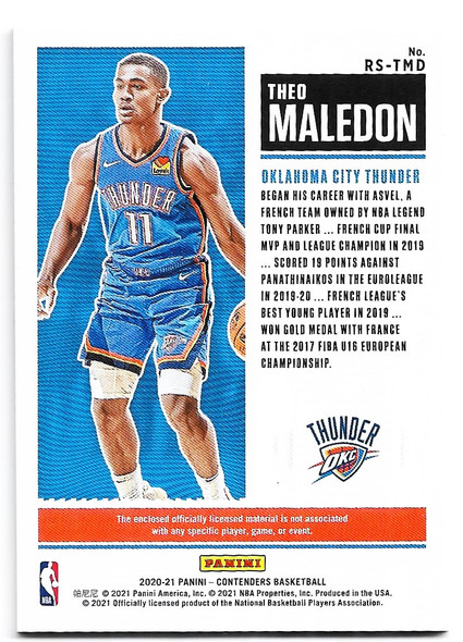 Theo Maledon Panini 2020-2021 Panini Contenders Rookie Ticket Swatches Card RS-TMD