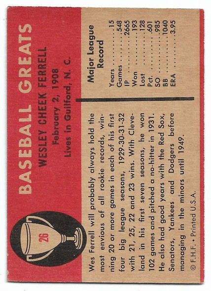 Wes Ferrell 1961 Fleer Baseball Greats Card 26