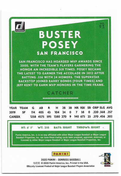 Buster Posey 2020 Donruss Yellow Card 93