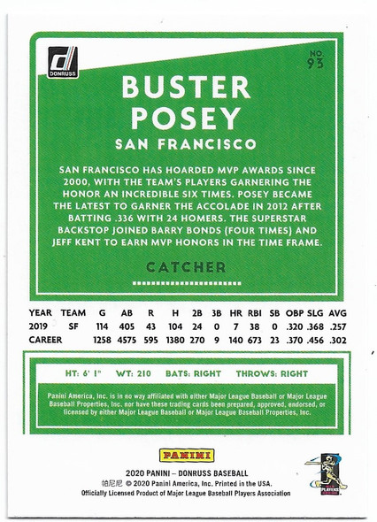 Buster Posey 2020 Donruss Purple Holo Card 93