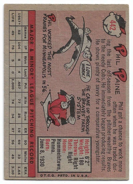 Phil Paine 1958 Topps Card 442 A