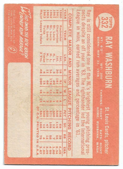 Ray Washburn 1964 Topps Card 332