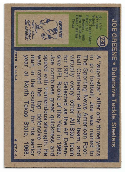 "Mean" Joe Greene 1972 Topps Card 230 A