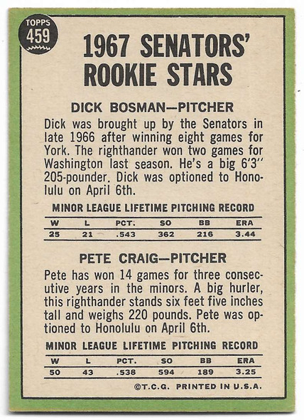 Dick Bosman Pete Craig 1967 Topps Rookie Card 459