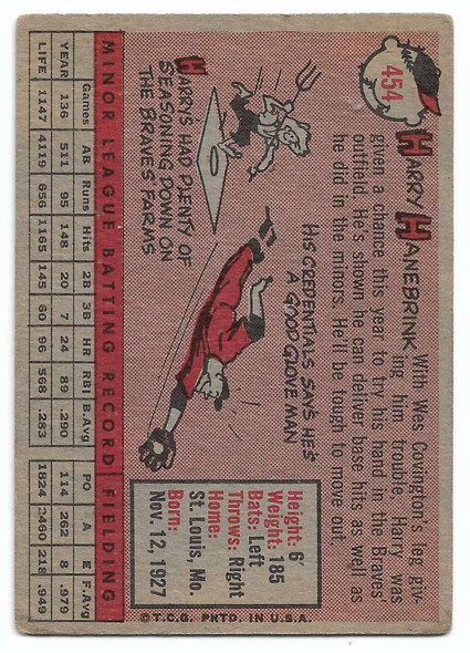 Harry Hanebrink 1958 Topps Rookie Card 454