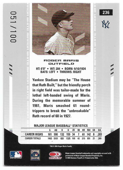 Roger Maris 2004 Leaf Certified Materials Mirror White Card 236 051/100