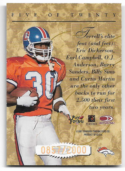 Terrell Davis 1997 Donruss Elite Gold Card 5 0857/2000