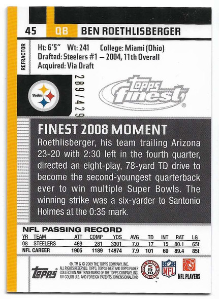 Ben Roethlisberger 2009 Topps Finest Blue Refractor Card 45 289/429