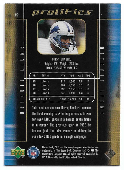 Barry Sanders 1996 SPx Prolifics Card P2