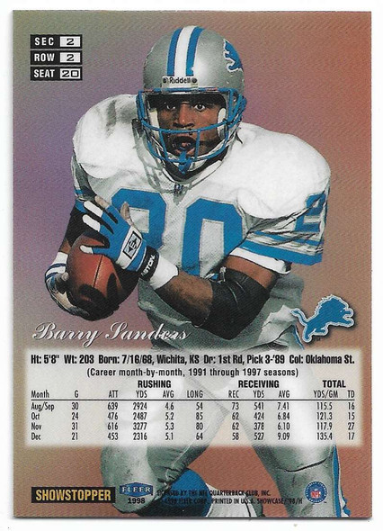 Barry Sanders 1998 Flair Showcase Legacy Collection Row 2 Card 20