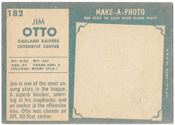Jim Otto 1961 Topps Rookie Card 182